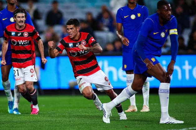 RECORD DATE NOT STATED 28th July 2026, Accor Stadium, Sydney, New South Wales, Australia; Friendly Football, Chelsea versus Western Sydney Wanderers; Aydan Hammond of Western Sydney Wanderers turns to celebrate after scoring in the 32nd minute for 2-1 KevinxManning