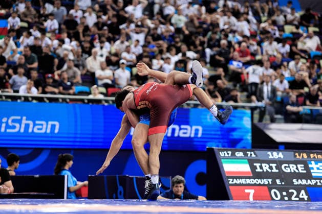 U17, U 17 Wrestling World Championships 71kg GR - Esmaeil Ebrahim Zaherdoust (IRI) df. Dimitrios Sarapis (GRE) *** U17 Wrestling World Championships, 71 kg Greco-Roman: Esmaeil Ebrahim Zaherdoust (IRI) def. Dimitrios Sarapis (GRE) Copyright: xKostadinxAndonovx UWW-U17-WC-BAKU-2026