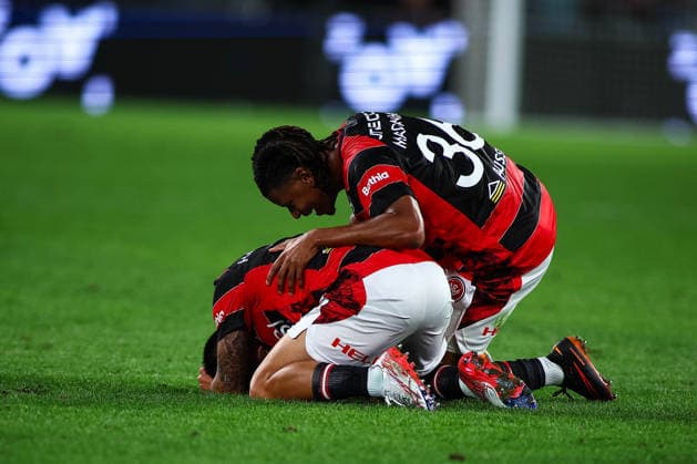 RECORD DATE NOT STATED 28th July 2026, Accor Stadium, Sydney, New South Wales, Australia; Friendly Football, Chelsea versus Western Sydney Wanderers; Aydan Hammond of Western Sydney Wanderers is congratulated by Panashe Madahna of Western Sydney Wanderers after scoring in the 32nd minute for 2-1 KevinxManning