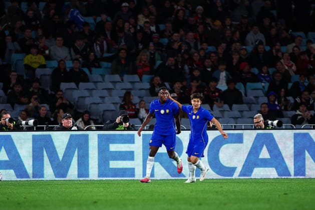 RECORD DATE NOT STATED 28th July 2026, Accor Stadium, Sydney, New South Wales, Australia; Friendly Football, Chelsea versus Western Sydney Wanderers; Dario Essugo of Chelsea FC is congratulated by Dastan Satpayev of Chelsea FC after scoring a goal in the 38th minute KevinxManning