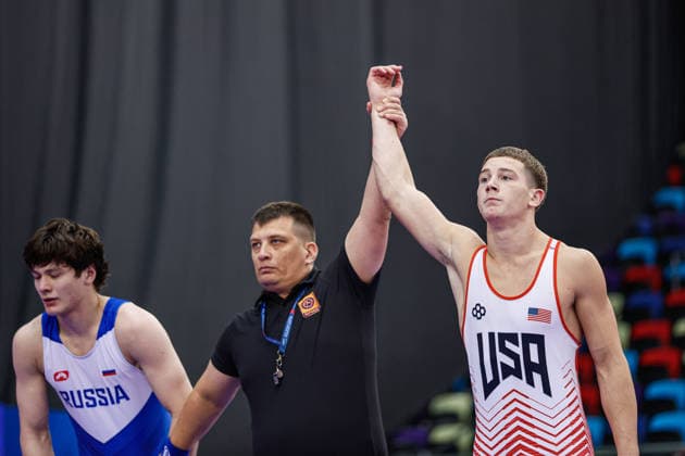 U17, U 17 Wrestling World Championships 80kg GR - Ivan Ivanov Ivanov (USA) df. Ilias Gadaborshev (RUS) *** U17 Wrestling World Championships, 80 kg Greco-Roman: Ivan Ivanov (USA) defeated Ilias Gadaborshev (RUS) Copyright: xKostadinxAndonovx UWW-U17-WC-BAKU-2026