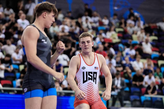 U17, U 17 Wrestling World Championships 92kg GR - Hlib Yevsieiev (UKR) df. William Joseph Etu (USA) *** U17 Wrestling World Championships, 92 kg Greco-Roman: Hlib Yevsieiev (UKR) defeated William Joseph Etu (USA) by fall Copyright: xKostadinxAndonovx UWW-U17-WC-BAKU-2026