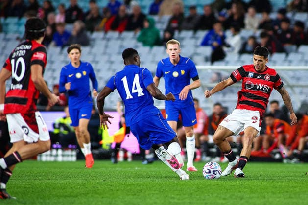 RECORD DATE NOT STATED 28th July 2026, Accor Stadium, Sydney, New South Wales, Australia; Friendly Football, Chelsea versus Western Sydney Wanderers; Aydan Hammond of Western Sydney Wanderers takes on Dario Essugo of Chelsea FC KevinxManning