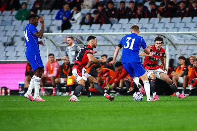 RECORD DATE NOT STATED 28th July 2026, Accor Stadium, Sydney, New South Wales, Australia; Friendly Football, Chelsea versus Western Sydney Wanderers; Aydan Hammond of Western Sydney Wanderers stops the advancing Reggie Watson of Chelsea fc KevinxManning