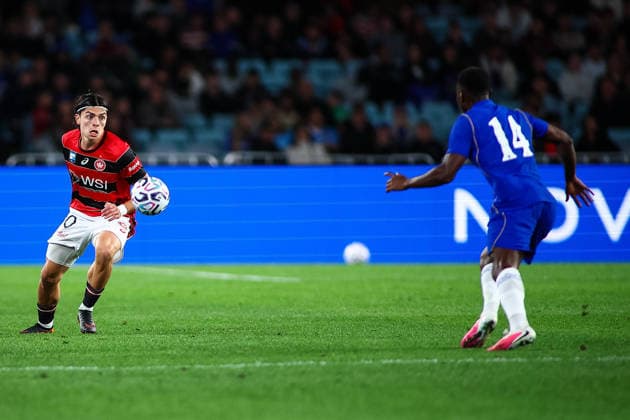 RECORD DATE NOT STATED 28th July 2026, Accor Stadium, Sydney, New South Wales, Australia; Friendly Football, Chelsea versus Western Sydney Wanderers; Miguel Di Pizio of Western Sydney Wanderers takes on Dario Essugo of Chelsea FC KevinxManning