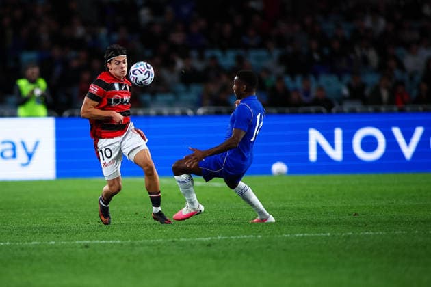 RECORD DATE NOT STATED 28th July 2026, Accor Stadium, Sydney, New South Wales, Australia; Friendly Football, Chelsea versus Western Sydney Wanderers; Miguel Di Pizio of Western Sydney Wanderers takes on Dario Essugo of Chelsea FC KevinxManning