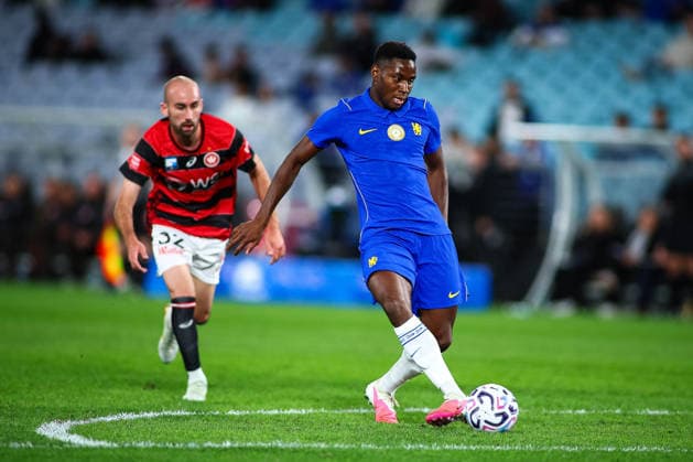 RECORD DATE NOT STATED 28th July 2026, Accor Stadium, Sydney, New South Wales, Australia; Friendly Football, Chelsea versus Western Sydney Wanderers; Tosin Adarabioyo of Chelsea FC passes the ball back to his goalkeeper KevinxManning