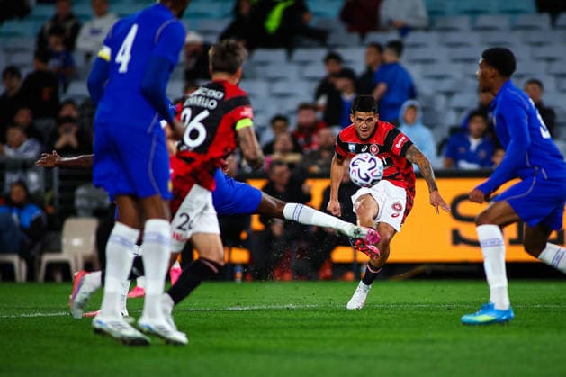 RECORD DATE NOT STATED 28th July 2026, Accor Stadium, Sydney, New South Wales, Australia; Friendly Football, Chelsea versus Western Sydney Wanderers; Miguel Di Pizio of Western Sydney Wanderers takes a shot on goal KevinxManning
