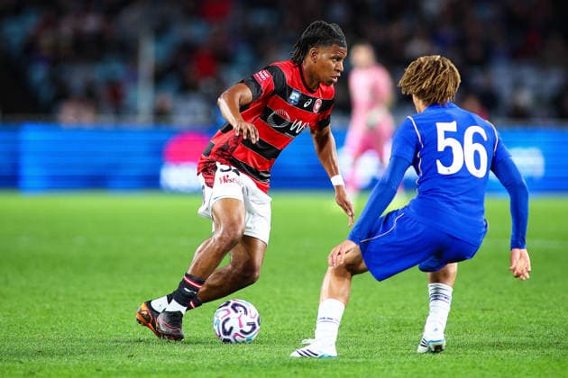 RECORD DATE NOT STATED 28th July 2026, Accor Stadium, Sydney, New South Wales, Australia; Friendly Football, Chelsea versus Western Sydney Wanderers; Panashe Madahna of Western Sydney Wanderers takes on Landon Kavuma McQueen of Chelsea FC KevinxManning