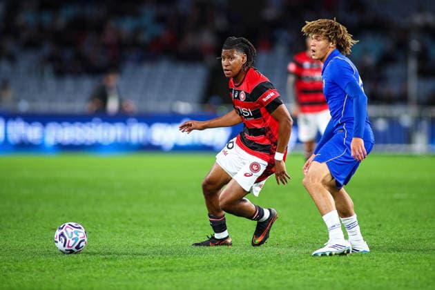 RECORD DATE NOT STATED 28th July 2026, Accor Stadium, Sydney, New South Wales, Australia; Friendly Football, Chelsea versus Western Sydney Wanderers; Panashe Madahna of Western Sydney Wanderers evades Landon Kavuma McQueen of Chelsea FC KevinxManning