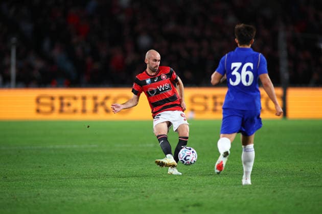 RECORD DATE NOT STATED 28th July 2026, Accor Stadium, Sydney, New South Wales, Australia; Friendly Football, Chelsea versus Western Sydney Wanderers; Angus Thurgate of Western Sydney Wanderers passes the ball KevinxManning