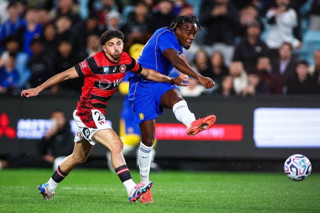 RECORD DATE NOT STATED 28th July 2026, Accor Stadium, Sydney, New South Wales, Australia; Friendly Football, Chelsea versus Western Sydney Wanderers; Jamie Gittens of Chelsea FC takes a shot on goal KevinxManning