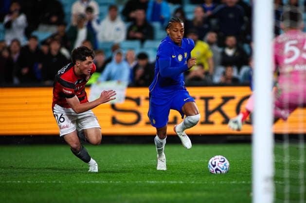 RECORD DATE NOT STATED 28th July 2026, Accor Stadium, Sydney, New South Wales, Australia; Friendly Football, Chelsea versus Western Sydney Wanderers; Joao Pedro of Chelsea FC takes on Oscar Morrison of Western Sydney Wanderers KevinxManning