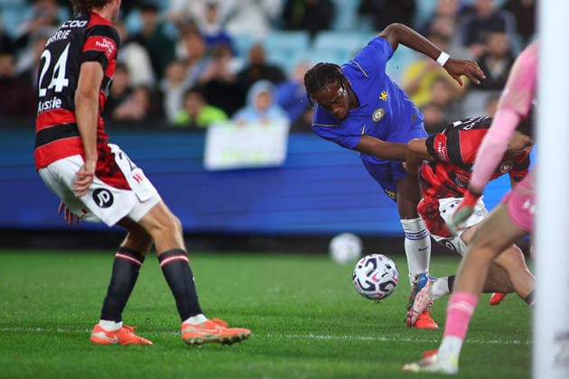 RECORD DATE NOT STATED 28th July 2026, Accor Stadium, Sydney, New South Wales, Australia; Friendly Football, Chelsea versus Western Sydney Wanderers; Jamie Gittens of Chelsea FC collides with a Western Sydney Wanderer defender KevinxManning