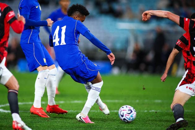 RECORD DATE NOT STATED 28th July 2026, Accor Stadium, Sydney, New South Wales, Australia; Friendly Football, Chelsea versus Western Sydney Wanderers; Estevao of Chelsea FC takes a shot on goal KevinxManning