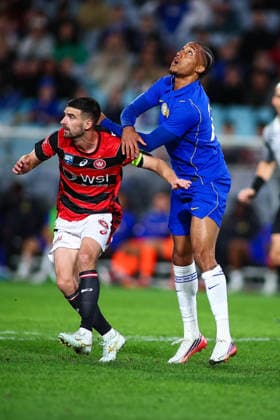 RECORD DATE NOT STATED 28th July 2026, Accor Stadium, Sydney, New South Wales, Australia; Friendly Football, Chelsea versus Western Sydney Wanderers; Joao Pedro of Chelsea FC wins a header against Steven Ugarkovic of Western Sydney Wanderers KevinxManning