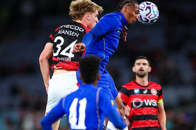RECORD DATE NOT STATED 28th July 2026, Accor Stadium, Sydney, New South Wales, Australia; Friendly Football, Chelsea versus Western Sydney Wanderers; Joao Pedro of Chelsea FC wins a header against Ricky Fransen of Western Sydney Wanderers KevinxManning