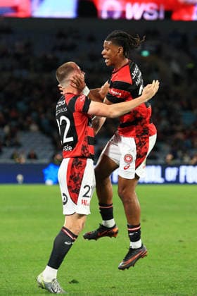 RECORD DATE NOT STATED 28th July 2026, Accor Stadium, Sydney, New South Wales, Australia; Friendly Football, Chelsea versus Western Sydney Wanderers; Panashe Madahna of Western Sydney Wanderers congratulates Anthony Pantazopoulos of Western Sydney Wanderers after scoring in the 14th minute KevinxManning
