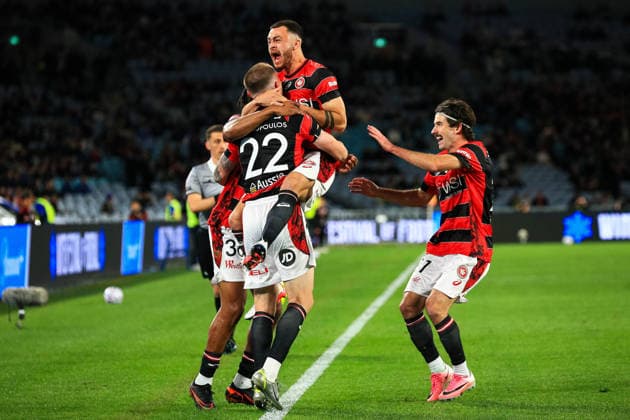 RECORD DATE NOT STATED 28th July 2026, Accor Stadium, Sydney, New South Wales, Australia; Friendly Football, Chelsea versus Western Sydney Wanderers; Teammates congratulates Anthony Pantazopoulos of Western Sydney Wanderers after scoring in the 14th minute KevinxManning