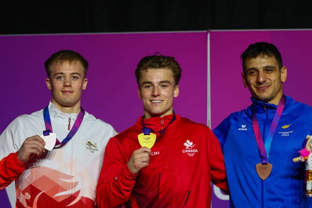 RECORD DATE NOT STATED 28th July 2026; Glasgow, Scotland; 2026 Commonwealth Games, Day Six; Mens Apparatus Final Vault - gold medallist - Felix Dolci (CAN) , silver medallist - Luke Whitehouse (ENG), bronze medallist - Neofytos Kyriakou (CYP) RogerxEvans