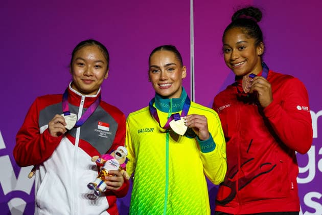 RECORD DATE NOT STATED 28th July 2026; Glasgow, Scotland; 2026 Commonwealth Games, Day Six; Womens Apparatus Final Beam - gold medallist - Breanna Scott (AUS), silver medallist - Amanda Yap (SGP), bronze medallist - Lia-Monica Fontaine (CAN) RogerxEvans