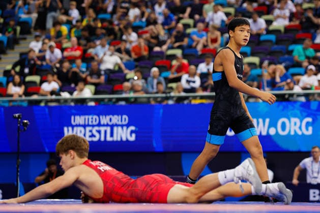 U17, U 17 Wrestling World Championships 55kg GR - Diyar Amanali (KAZ) df. Keve Vazul Kovacs (HUN) *** U17 Wrestling World Championships, 55 kg Greco-Roman: Diyar Amanali (KAZ) defeated Keve Vazul Kovacs (HUN) by fall Copyright: xKostadinxAndonovx UWW-U17-WC-BAKU-2026
