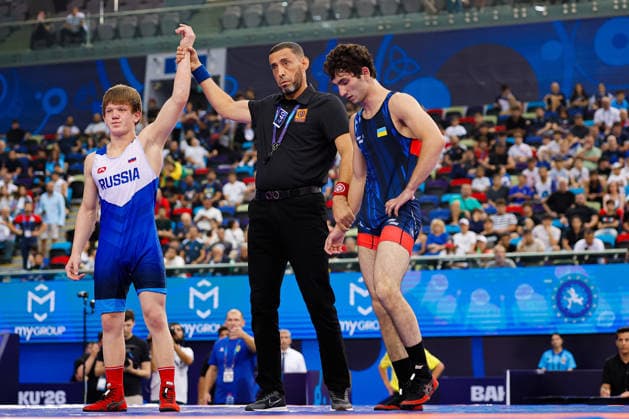 U17, U 17 Wrestling World Championships 65kg GR - Shamil Labazanov (RUS) df. Ibrahim Nasibov (UKR) *** U17 Wrestling World Championships, 65 kg Greco-Roman: Shamil Labazanov (RUS) defeated Ibrahim Nasibov (UKR) Copyright: xKostadinxAndonovx UWW-U17-WC-BAKU-2026