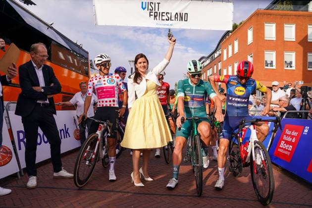 2026-07-28 Profronde Surhuisterveen 2026 SURHUISTERVEEN, NETHERLANDS - JULY 28: Joop Atsma, Richard Carapaz of EF Education - Easypost, Eke Folkerts, Mads Pedersen of Lidl Trek, Bauke Mollema of Lidl Trek during the Profronde Surhuisterveen 2026 on July 28, 2026 in Surhuisterveen, Netherlands. Surhuisterveen Netherlands Content not available for redistribution in The Netherlands directly or indirectly through any third parties. Copyright: xAndrexWeeningx