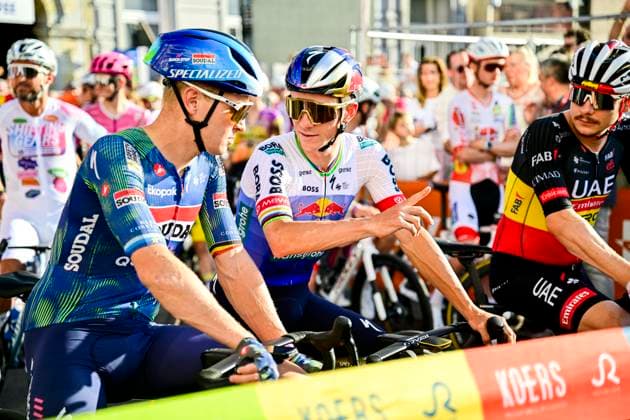 Na-Tourcriterium Roeselare - 28 07 2026 ROESELARE, BELGIUM - JULY 28 : Evenepoel Remco (BEL) of Red Bull BORA Hansgrohe, Merlier Tim (BEL) of Soudal Quick Step during the post Tour de France criterium of Roeselare on July 28, 2026 in Roeselare, Belgium, 28 07 2026 Roeselare Belgium  Copyright: xJanxDexMeuleneirx