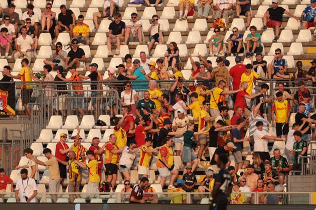 Como, Italy, 28th July 2026. Racing Club de Lens fans celebrate during the Crystal Palace vs Racing Club de Lens Pre Season Friendly match at Stadio Giuseppe Sinigaglia, Como. Picture credit should read: Jonathan Moscrop Sportimage EDITORIAL USE ONLY. No use with unauthorised audio, video, data, fixture lists, club league logos or live services. Online in-match use limited to 120 images, no video emulation. No use in betting, games or single club league player publications. SPI_021_JM_PALACE_LENS SPI-4866-0020