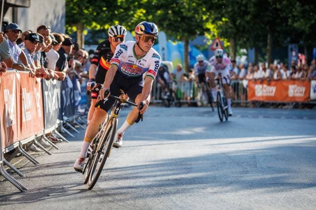 Belgian Rune Herregodts of UAE Team Emirates-XRG and Belgian Remco Evenepoel of Red Bull-BORA-hansgrohe pictured in action during the Natourcriterium Roeselare cycling event, Tuesday 28 July 2026 in Roeselare. The traditional criteriums are local showcases for which mainly cyclists who rode the Tour de France are invited. KURTxDESPLENTER  x182243757x