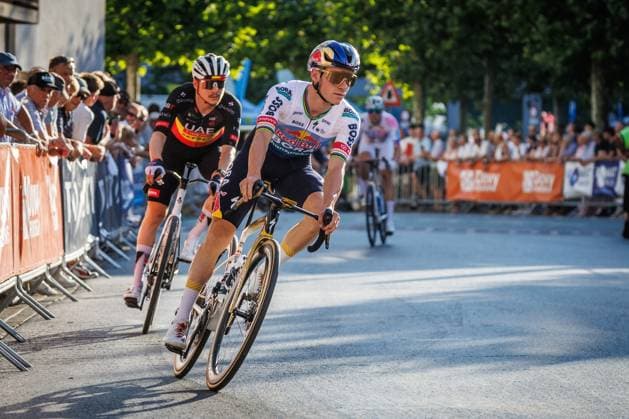 Belgian Rune Herregodts of UAE Team Emirates-XRG and Belgian Remco Evenepoel of Red Bull-BORA-hansgrohe pictured in action during the Natourcriterium Roeselare cycling event, Tuesday 28 July 2026 in Roeselare. The traditional criteriums are local showcases for which mainly cyclists who rode the Tour de France are invited. KURTxDESPLENTER  x182243758x