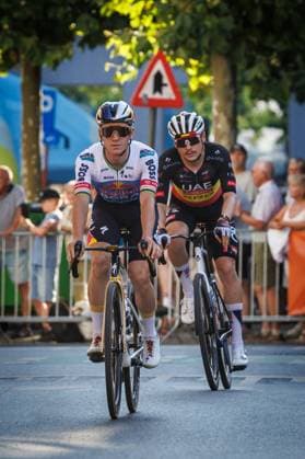 Belgian Remco Evenepoel of Red Bull-BORA-hansgrohe and Belgian Rune Herregodts of UAE Team Emirates-XRG pictured in action during the Natourcriterium Roeselare cycling event, Tuesday 28 July 2026 in Roeselare. The traditional criteriums are local showcases for which mainly cyclists who rode the Tour de France are invited. KURTxDESPLENTER  x182243761x