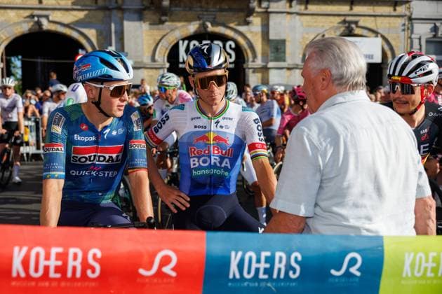 Belgian Tim Merlier of Soudal Quick-Step and Belgian Remco Evenepoel of Red Bull-BORA-hansgrohe pictured during the Natourcriterium Roeselare cycling event, Tuesday 28 July 2026 in Roeselare. The traditional criteriums are local showcases for which mainly cyclists who rode the Tour de France are invited. KURTxDESPLENTER  x182243783x