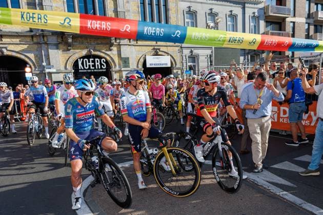 Belgian Tim Merlier of Soudal Quick-Step, Belgian Remco Evenepoel of Red Bull-BORA-hansgrohe and Belgian Rune Herregodts of UAE Team Emirates-XRG pictured at the start of the Natourcriterium Roeselare cycling event, Tuesday 28 July 2026 in Roeselare. The traditional criteriums are local showcases for which mainly cyclists who rode the Tour de France are invited. KURTxDESPLENTER  x182243788x