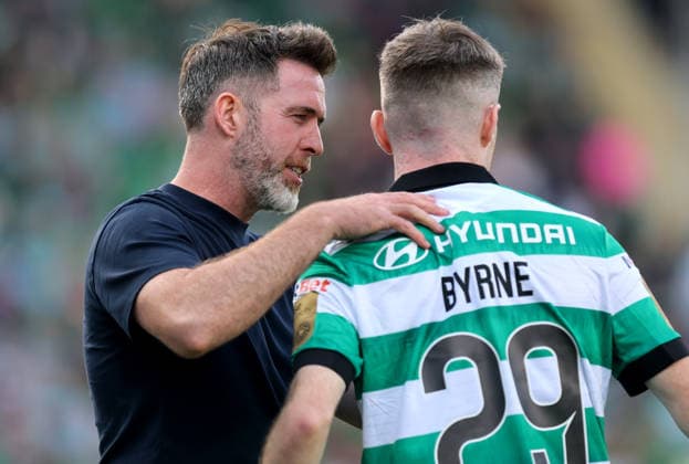 UEFA Champions League Second Qualifying Round Second Leg, Tallaght Stadium, Dublin 28 7 2026 Shamrock Rovers vs Ararat Armenia Shamrock Rovers Manager Stephen Bradley with Jack Byrne ahead of the match Stephen Bradley with Jack Byrne ahead of the match 28 7 2026  Copyright: xx RB2_6687