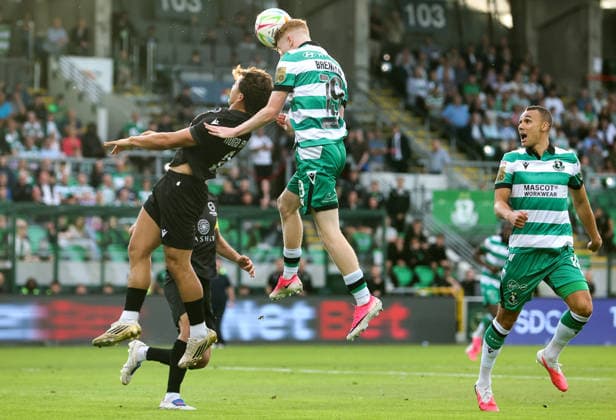 UEFA Champions League Second Qualifying Round Second Leg, Tallaght Stadium, Dublin 28 7 2026 Shamrock Rovers vs Ararat Armenia Shamrock Rovers Adam Brennan competes in the air with Hugo Oliveira of Ararat Armenia Adam Brennan competes in the air with Hugo Oliveira 28 7 2026  Copyright: xx RB1_8501