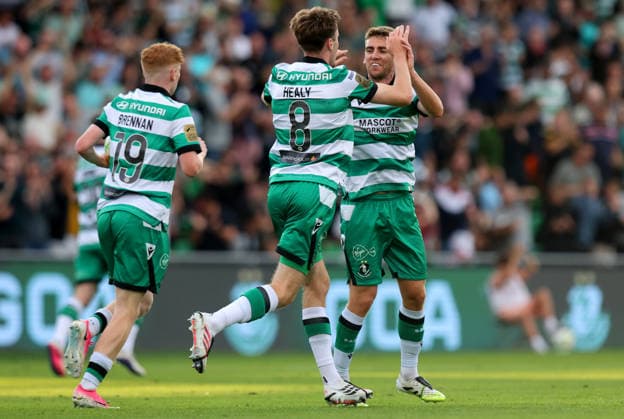 UEFA Champions League Second Qualifying Round Second Leg, Tallaght Stadium, Dublin 28 7 2026 Shamrock Rovers vs Ararat Armenia Shamrock Rovers Matthew Healy celebrates scoring his sides first goal with Dylan Watts Matthew Healy celebrates scoring his sides first goal with Dylan Watts 28 7 2026  Copyright: xx RB2_6896