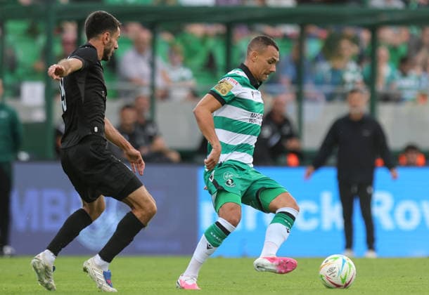 UEFA Champions League Second Qualifying Round Second Leg, Tallaght Stadium, Dublin 28 7 2026 Shamrock Rovers vs Ararat Armenia Shamrock Rovers Graham Burke and Karen Muradyan of Ararat Armenia Graham Burke and Karen Muradyan 28 7 2026  Copyright: xx RB2_6881