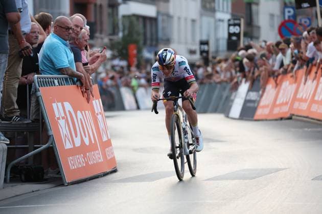 Belgian Remco Evenepoel of Red Bull-BORA-hansgrohe and pictured as he crosses the finish line of the Natourcriterium Roeselare cycling event, Tuesday 28 July 2026 in Roeselare. The traditional criteriums are local showcases for which mainly cyclists who rode the Tour de France are invited. KURTxDESPLENTER  x182245880x