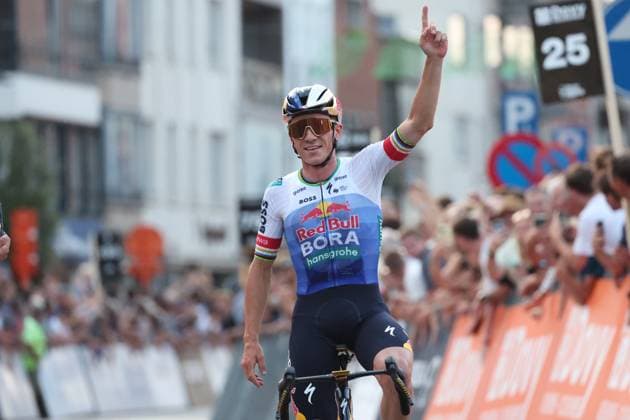 Belgian Remco Evenepoel of Red Bull-BORA-hansgrohe and pictured as he crosses the finish line of the Natourcriterium Roeselare cycling event, Tuesday 28 July 2026 in Roeselare. The traditional criteriums are local showcases for which mainly cyclists who rode the Tour de France are invited. KURTxDESPLENTER  x182245881x