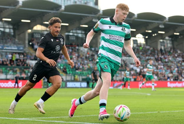 UEFA Champions League Second Qualifying Round Second Leg, Tallaght Stadium, Dublin 28 7 2026 Shamrock Rovers vs Ararat Armenia Shamrock Rovers Adam Brennan and Hugo Oliveira of Ararat Armenia Adam Brennan and Hugo Oliveira 28 7 2026  Copyright: xx RB1_8635