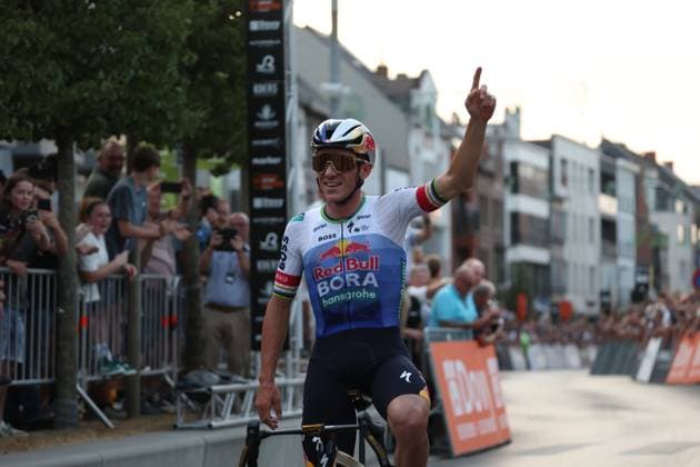 Belgian Remco Evenepoel of Red Bull-BORA-hansgrohe and pictured as he crosses the finish line of the Natourcriterium Roeselare cycling event, Tuesday 28 July 2026 in Roeselare. The traditional criteriums are local showcases for which mainly cyclists who rode the Tour de France are invited. KURTxDESPLENTER  x182245906x
