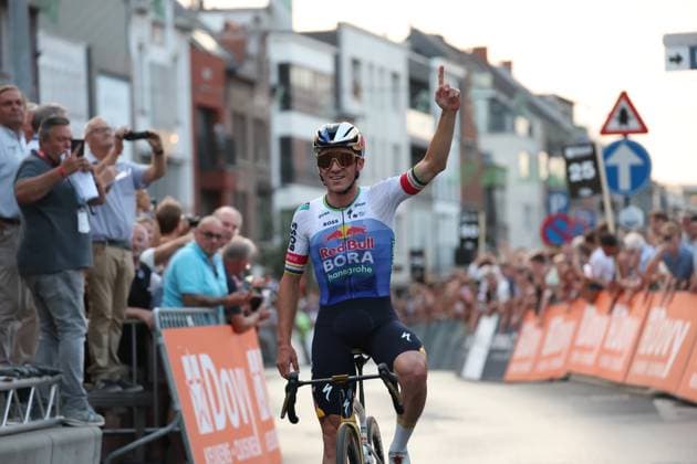 Belgian Remco Evenepoel of Red Bull-BORA-hansgrohe and pictured as he crosses the finish line of the Natourcriterium Roeselare cycling event, Tuesday 28 July 2026 in Roeselare. The traditional criteriums are local showcases for which mainly cyclists who rode the Tour de France are invited. KURTxDESPLENTER  x182245911x