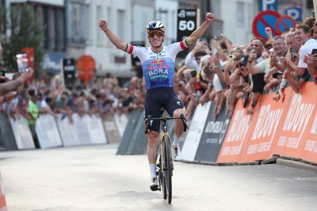 Belgian Remco Evenepoel of Red Bull-BORA-hansgrohe and pictured as he crosses the finish line of the Natourcriterium Roeselare cycling event, Tuesday 28 July 2026 in Roeselare. The traditional criteriums are local showcases for which mainly cyclists who rode the Tour de France are invited. KURTxDESPLENTER  x182245931x