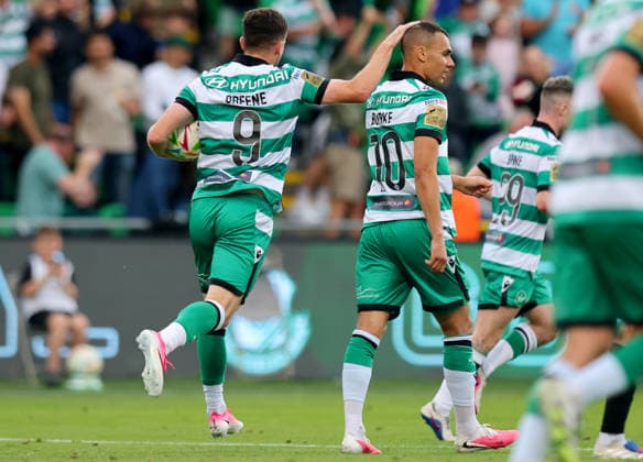 UEFA Champions League Second Qualifying Round Second Leg, Tallaght Stadium, Dublin 28 7 2026 Shamrock Rovers vs Ararat Armenia Shamrock Rovers Aaron Greene celebrates scoring his sides second goal with Graham Burke Aaron Greene celebrates scoring his sides second goal with Graham Burke 28 7 2026  Copyright: xx RB2_7671