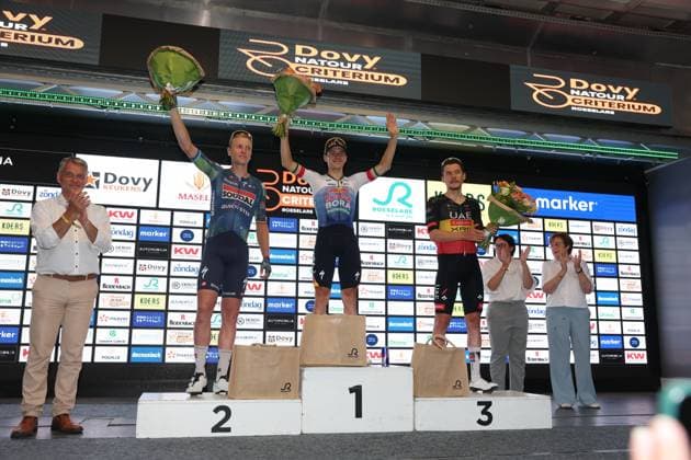 Belgian Tim Merlier of Soudal Quick-Step, Belgian Remco Evenepoel of Red Bull-BORA-hansgrohe and Belgian Rune Herregodts of UAE Team Emirates-XRG pictured on the podium after the Natourcriterium Roeselare cycling event, Tuesday 28 July 2026 in Roeselare. The traditional criteriums are local showcases for which mainly cyclists who rode the Tour de France are invited. KURTxDESPLENTER  x182246875x