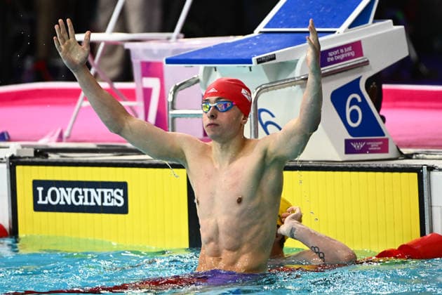 Glasgow 2026 Commonwealth Games Picture by Olly Hassell SWpix.com - 28 07 2026 - Glasgow 2026 Commonwealth Games - Swimming and Para-Swimming - Tollcross International Swimming, Glasgow, Scotland - Men s 200m Breaststroke Final - Filip Nowacki of Jersey celebrates winning Jersey™s first Commonwealth Games Gold Medal in 36 years Copyright: x xSWpix.comx(t axPhotographyxHubxLtd)xOllyxHassell SWpix.comx SWP-3418-0064