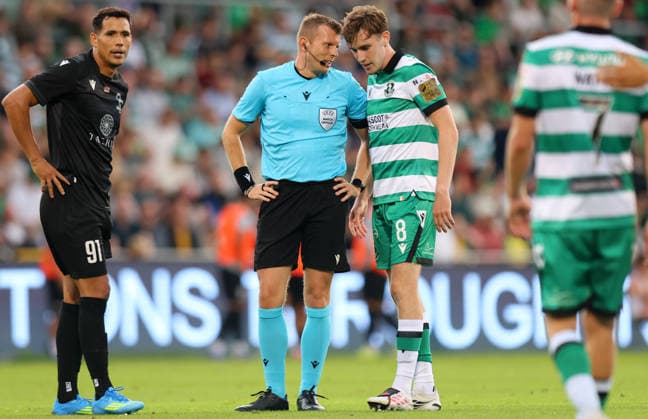UEFA Champions League Second Qualifying Round Second Leg, Tallaght Stadium, Dublin 28 7 2026 Shamrock Rovers vs Ararat Armenia Referee Sam Barrott and Matthew Healy of Shamrock Rovers Sam Barrott and Matthew Healy 28 7 2026  Copyright: xx RB2_8273