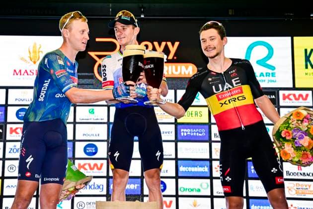 Na-Tourcriterium Roeselare - 28 07 2026 ROESELARE, BELGIUM - JULY 28 : Evenepoel Remco (BEL) of Red Bull BORA Hansgrohe, Herregodts Rune (BEL) of UAE Team Emirates XRG, Merlier Tim (BEL) of Soudal Quick Step on the podium during the post Tour de France criterium of Roeselare on July 28, 2026 in Roeselare, Belgium, 28 07 2026 Roeselare Belgium  Copyright: xJanxDexMeuleneirx